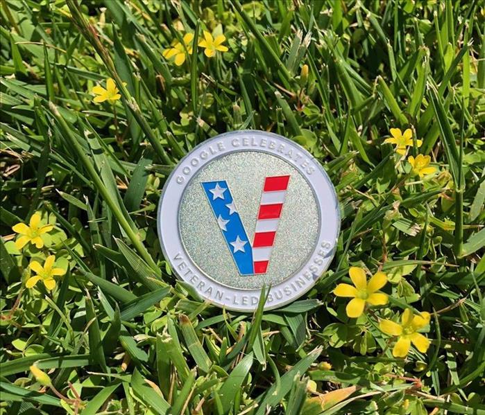 Red, white and blue silver coin that's scripted with Google Celebrates Veteran-Led Businesses